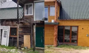 Przed i po remoncie: stary, zniszczony dom z drewnianą elewacją zyskał nowy wygląd. Projekt elewacji starego domu obejmuje nowe okna i drzwi.