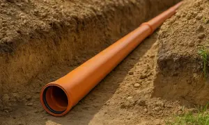 Pomarańczowa rura kanalizacyjna 160 mm ułożona w wykopie. Zapewnia minimalny spadek dla prawidłowego przepływu.
