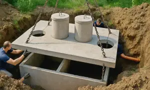 Montaż betonowego szamba. Dwa kręgi i płyta stropowa są opuszczane do wykopu. To ważny element, który wpływa na koszt szamba.