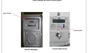 Na zdjęciu dwa liczniki prądu: indukcyjny i elektroniczny. Strzałki wskazują, jak odczytać numer licznika prądu Tauron na obu typach urządzeń.