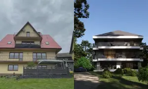 Porównanie starej i nowoczesnej elewacji domu.