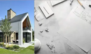 Nowoczesny dom z kamiennym kominem i plany architektoniczne.