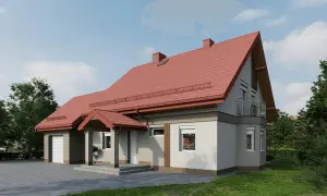 Dom z jasną elewacją i czerwonym dachem, otoczony zielenią.
