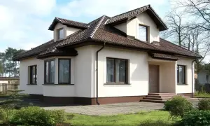 Nowoczesny dom z kremową elewacją, brązowym dachem i dużymi oknami. Otoczony zielenią i brukowanym podjazdem.