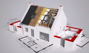 Model domu z przekrojem dachu pokazującym izolację, na tle planów architektonicznych.