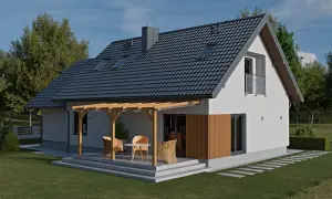 Nowoczesny dom z szarym dachem, drewnianą pergolą i tarasem. Opierzenie dachu idealnie komponuje się z całością.