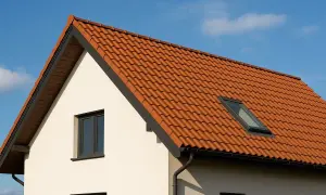 Nowy, czerwony dach dwuspadowy z dachówką ceramiczną i oknem połaciowym na tle błękitnego nieba.
