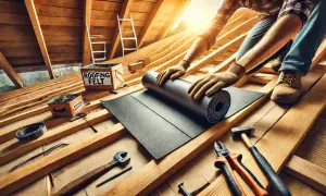 Ręce w rękawiczkach rozwijają papę na dach z desek. W tle skrzynka z napisem "ROOFING FELT".