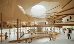 Nowoczesna biblioteka z wielopoziomowymi półkami, drewnianymi elementami i ludźmi.