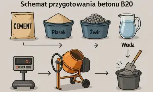 Schemat przygotowania betonu: cement, piasek, żwir, woda, waga, betoniarka i wiadro z zaprawą.