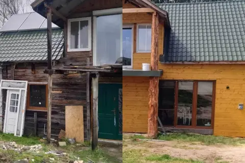 Przed i po remoncie: stary, zniszczony dom z drewnianą elewacją zyskał nowy wygląd. Projekt elewacji starego domu obejmuje nowe okna i drzwi.