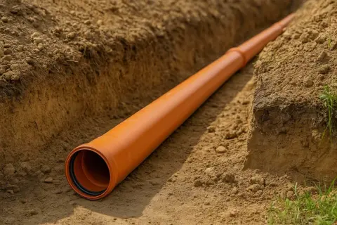Pomarańczowa rura kanalizacyjna 160 mm ułożona w wykopie. Zapewnia minimalny spadek dla prawidłowego przepływu.