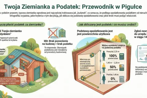 Ilustracja przedstawia przekrój ziemianki ogrodowej z elementami budowy i informacjami o podatku.