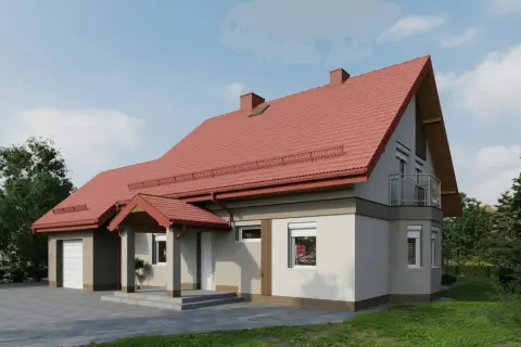 Dom z jasną elewacją i czerwonym dachem, otoczony zielenią.