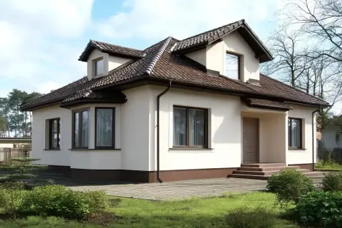 Nowoczesny dom z kremową elewacją, brązowym dachem i dużymi oknami. Otoczony zielenią i brukowanym podjazdem.