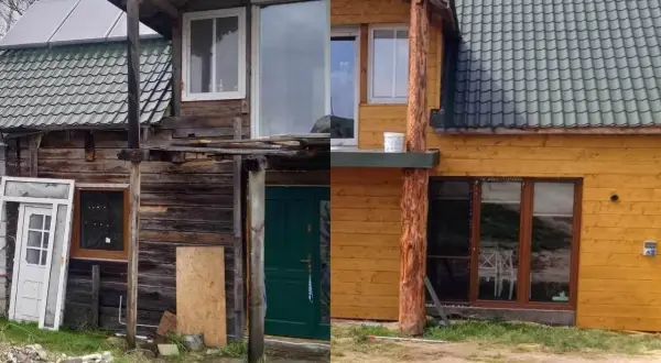 Przed i po remoncie: stary, zniszczony dom z drewnianą elewacją zyskał nowy wygląd. Projekt elewacji starego domu obejmuje nowe okna i drzwi.