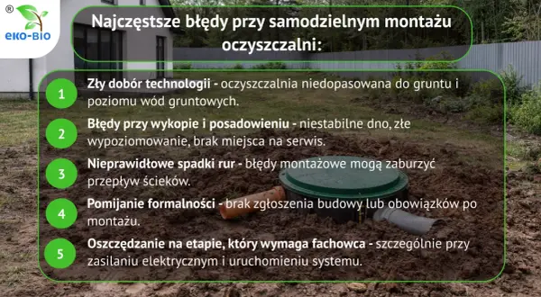 Najczęstsze błędy przy samodzielnym montażu oczyszczalni przydomowej: zły dobór technologii, błędy przy wykopie, nieprawidłowe spadki rur, pomijanie formalności, oszczędzanie na fachowcu.