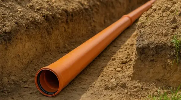 Pomarańczowa rura kanalizacyjna 160 mm ułożona w wykopie. Zapewnia minimalny spadek dla prawidłowego przepływu.