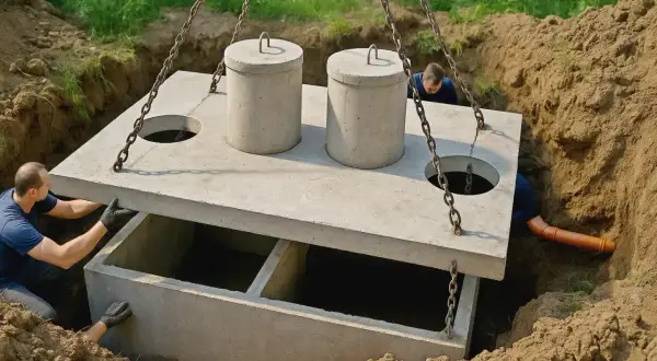 Montaż betonowego szamba. Dwa kręgi i płyta stropowa są opuszczane do wykopu. To ważny element, który wpływa na koszt szamba.