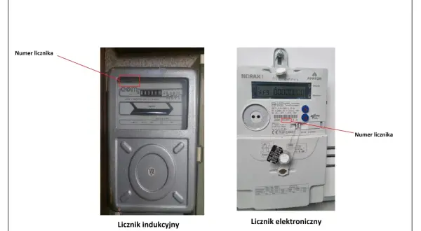 Na zdjęciu dwa liczniki prądu: indukcyjny i elektroniczny. Strzałki wskazują, jak odczytać numer licznika prądu Tauron na obu typach urządzeń.