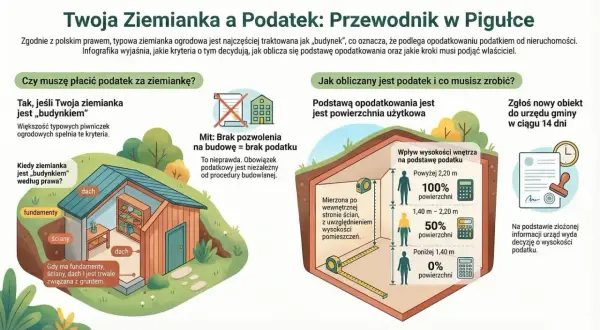 Ilustracja przedstawia przekrój ziemianki ogrodowej z elementami budowy i informacjami o podatku.
