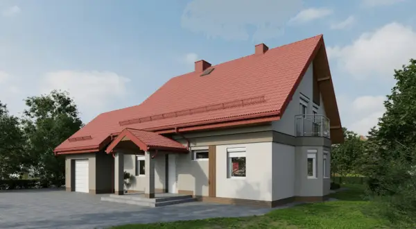 Dom z jasną elewacją i czerwonym dachem, otoczony zielenią.