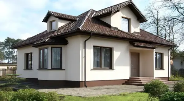 Nowoczesny dom z kremową elewacją, brązowym dachem i dużymi oknami. Otoczony zielenią i brukowanym podjazdem.