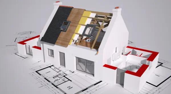 Model domu z przekrojem dachu pokazującym izolację, na tle planów architektonicznych.