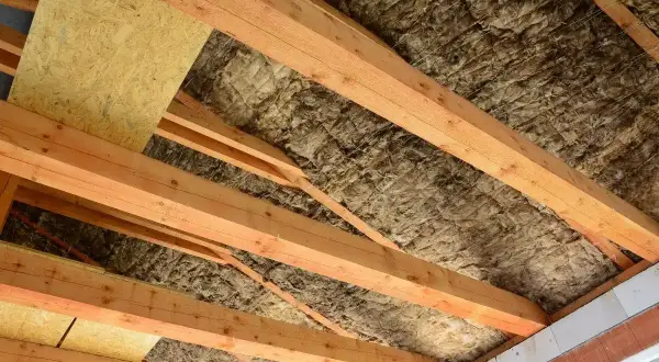 Drewniana konstrukcja dachu z wełną mineralną i płytą OSB.