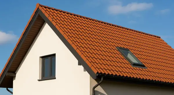 Nowy, czerwony dach dwuspadowy z dachówką ceramiczną i oknem połaciowym na tle błękitnego nieba.