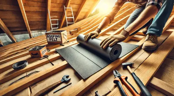 Ręce w rękawiczkach rozwijają papę na dach z desek. W tle skrzynka z napisem "ROOFING FELT".