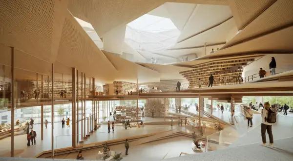 Nowoczesna biblioteka z wielopoziomowymi półkami, drewnianymi elementami i ludźmi.