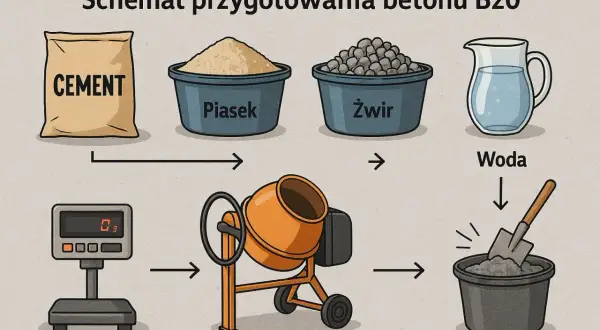 Schemat przygotowania betonu: cement, piasek, żwir, woda, waga, betoniarka i wiadro z zaprawą.
