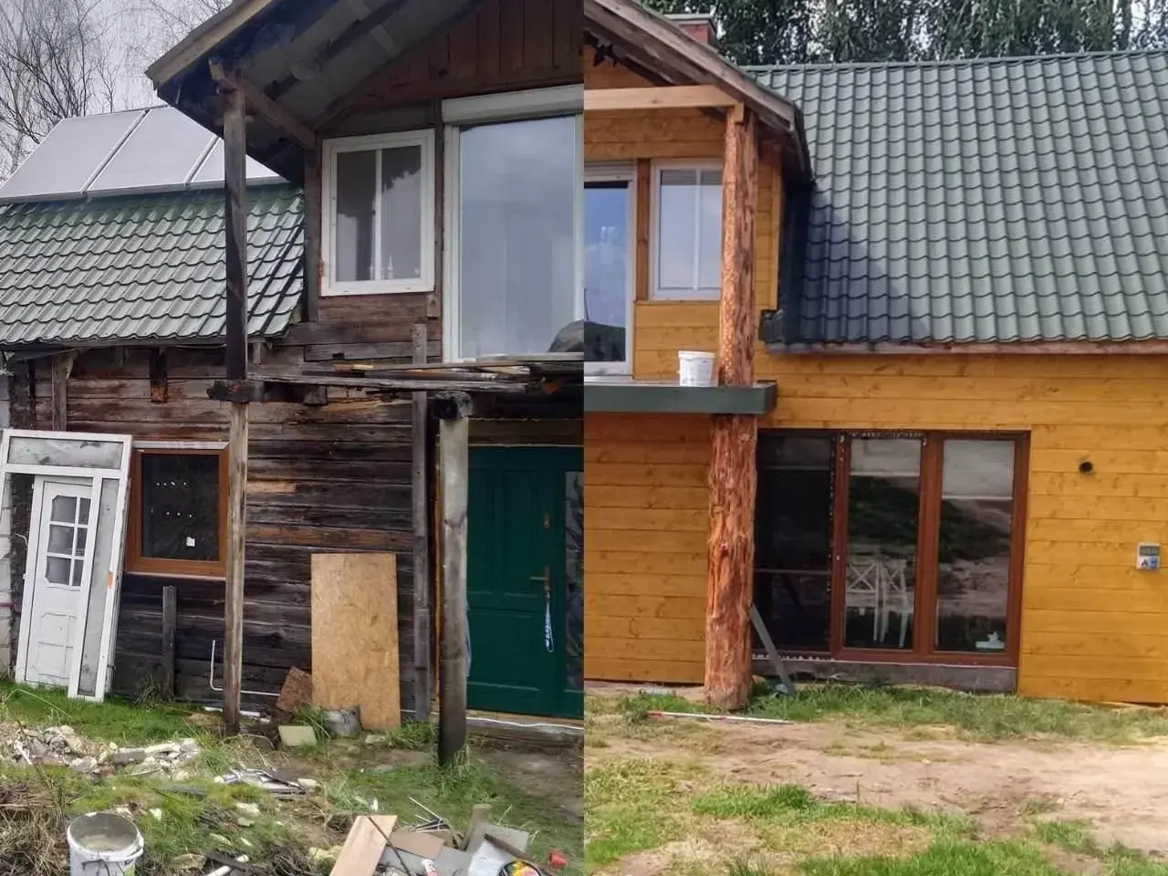 Przed i po remoncie: stary, zniszczony dom z drewnianą elewacją zyskał nowy wygląd. Projekt elewacji starego domu obejmuje nowe okna i drzwi.