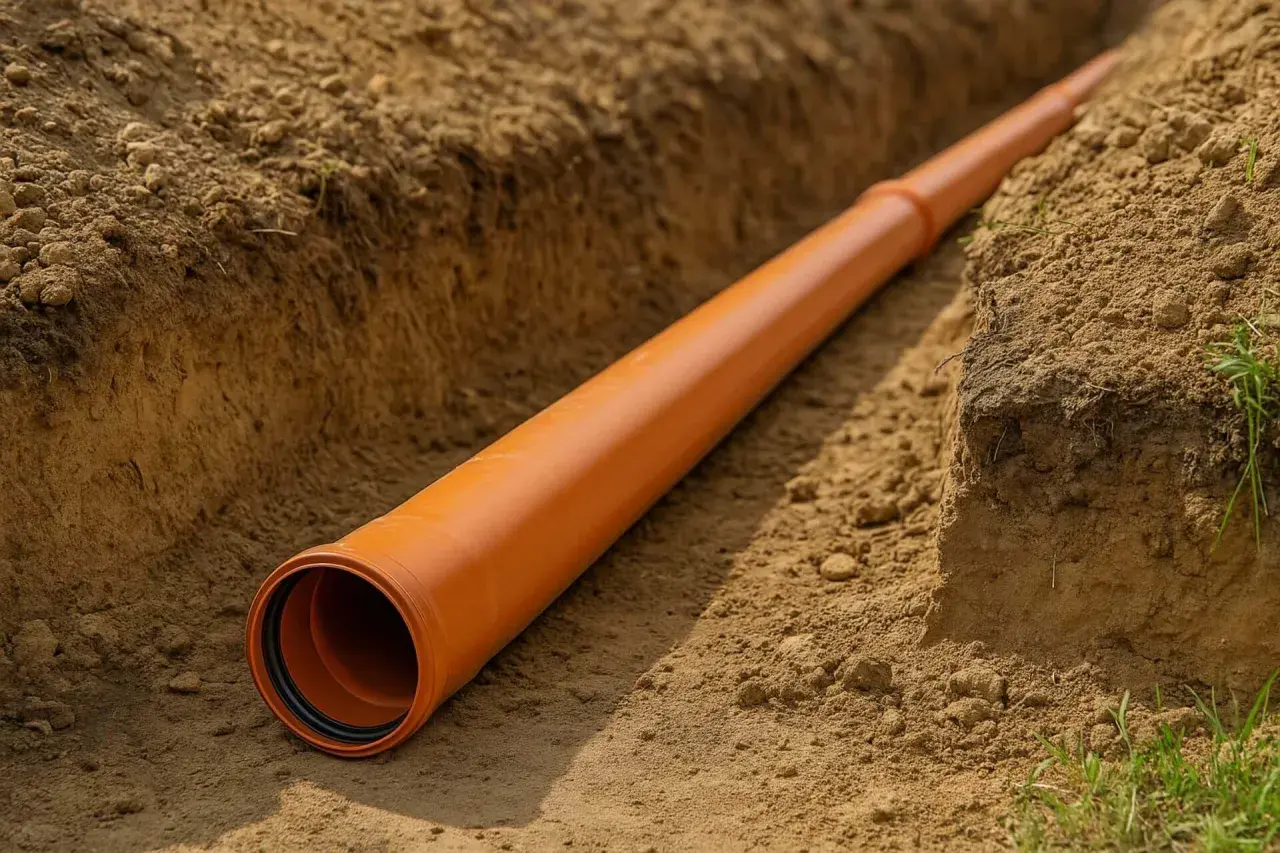 Pomarańczowa rura kanalizacyjna 160 mm ułożona w wykopie. Zapewnia minimalny spadek dla prawidłowego przepływu.