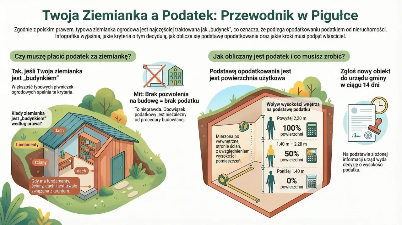Ilustracja przedstawia przekrój ziemianki ogrodowej z elementami budowy i informacjami o podatku.
