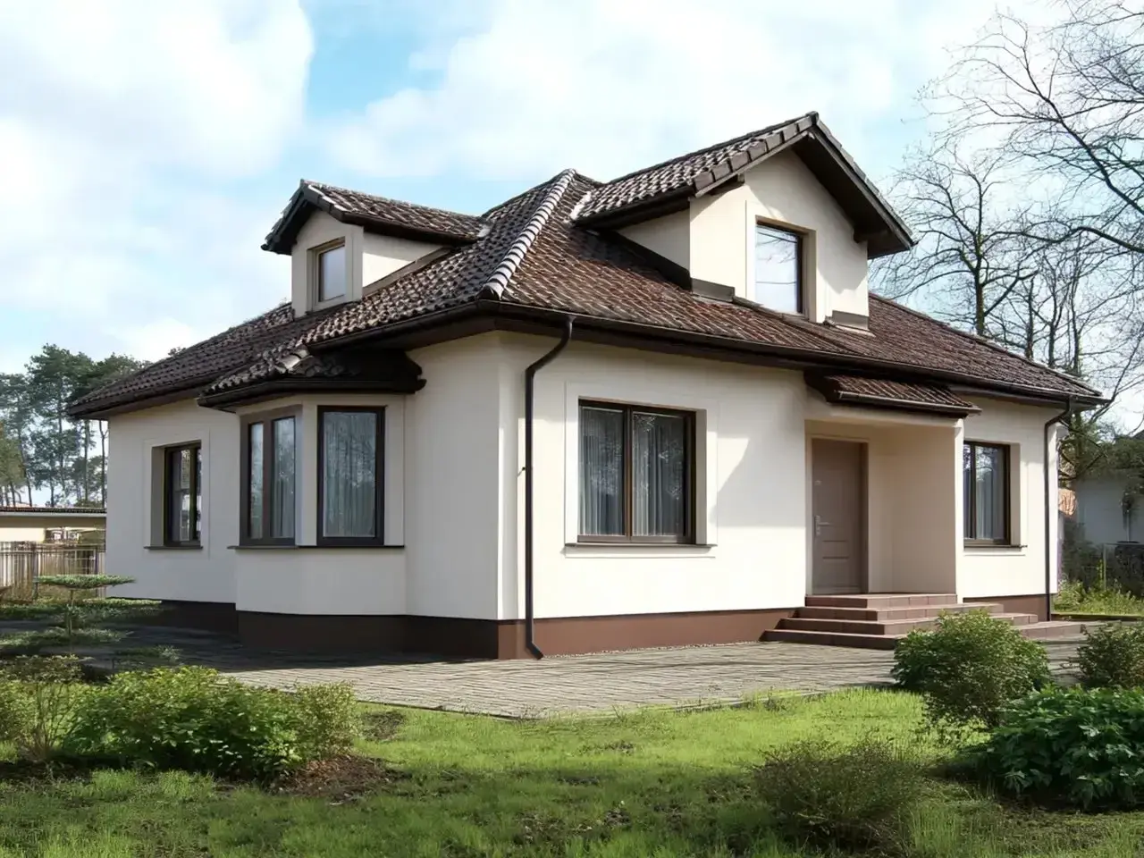 Nowoczesny dom z kremową elewacją, brązowym dachem i dużymi oknami. Otoczony zielenią i brukowanym podjazdem.