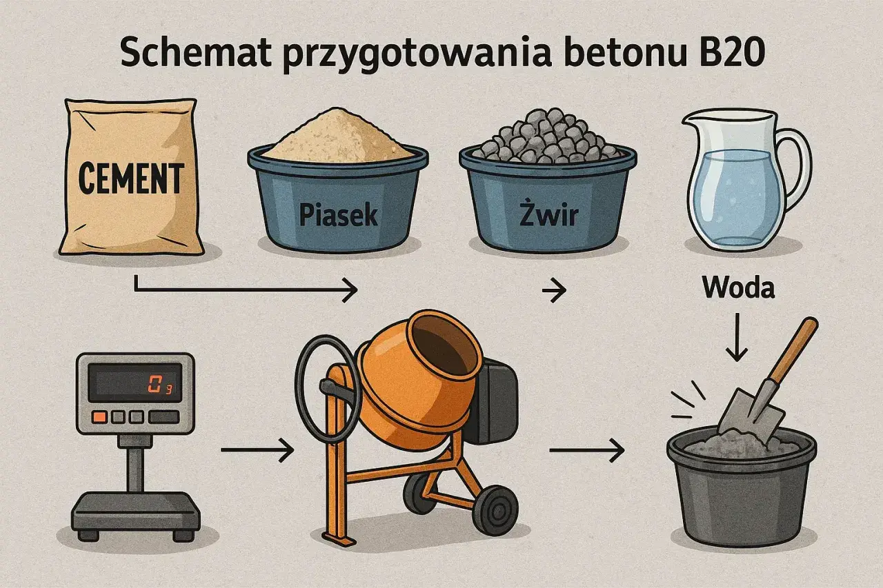 Schemat przygotowania betonu: cement, piasek, żwir, woda, waga, betoniarka i wiadro z zaprawą.