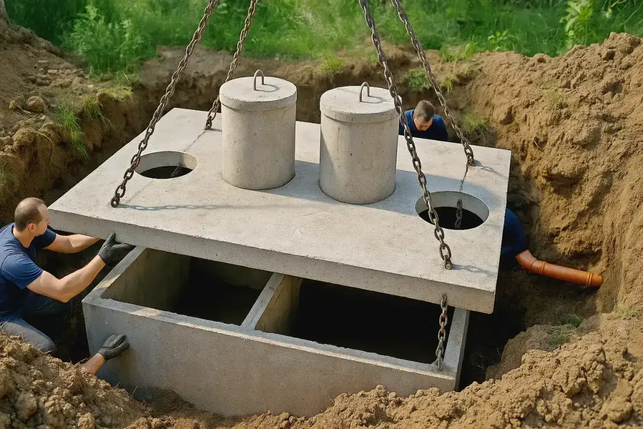 Montaż betonowego szamba. Dwa kręgi i płyta stropowa są opuszczane do wykopu. To ważny element, który wpływa na koszt szamba.