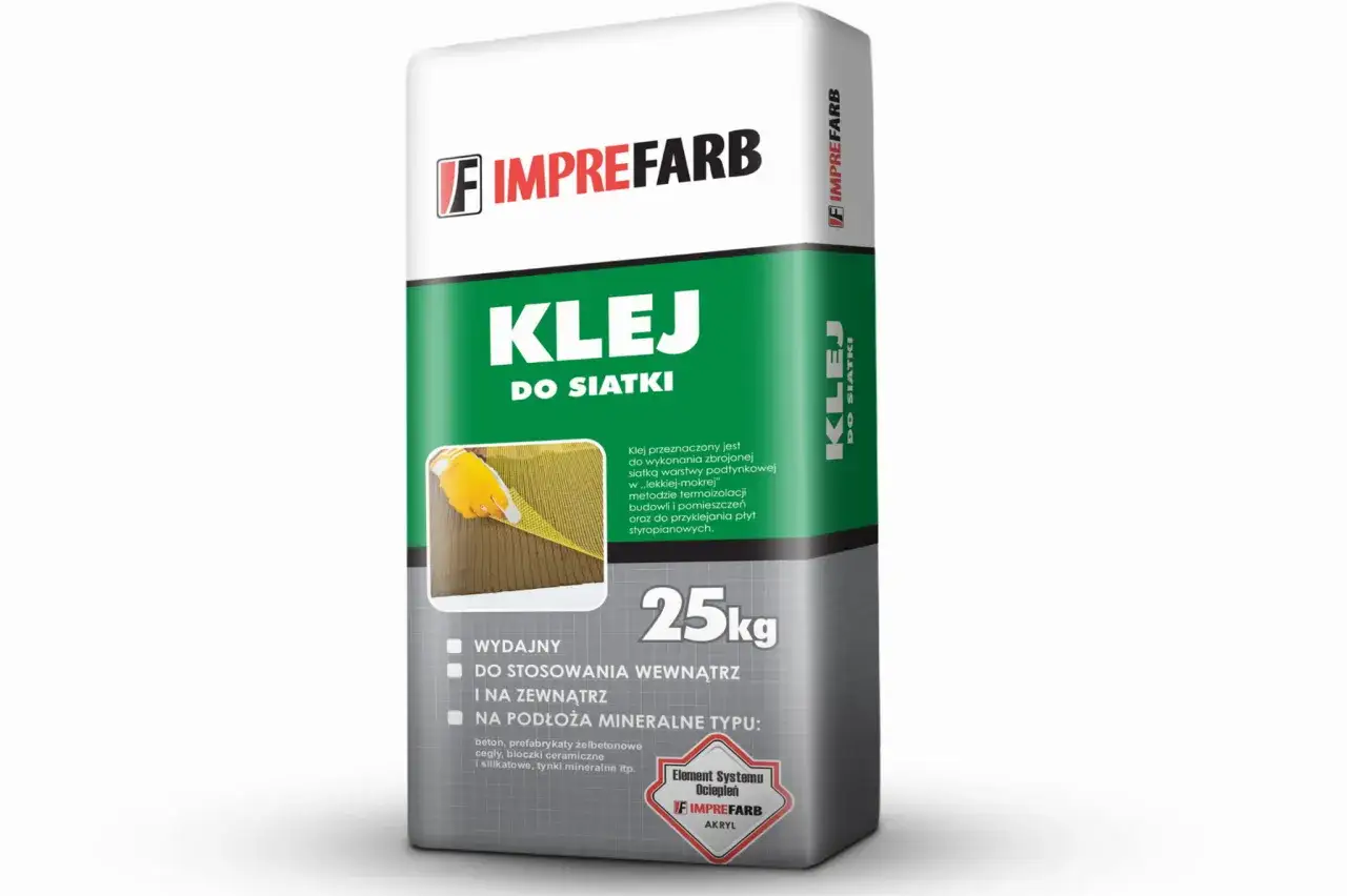 Worek kleju do siatki Imprefarb 25kg. Wydajność kleju do siatki na m2 zależy od metody aplikacji, ale jest to produkt do termoizolacji.