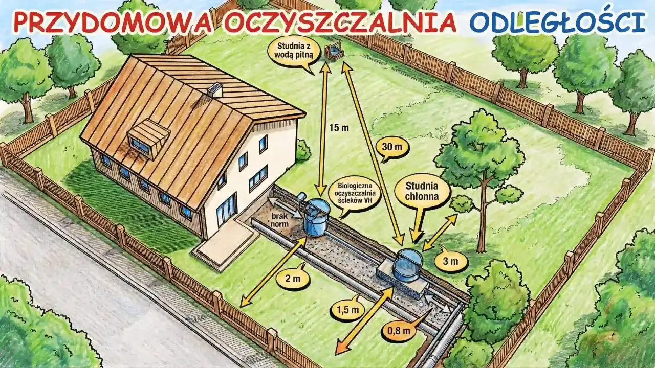Schemat przydomowej oczyszczalni ścieków z zaznaczonymi odległościami od domu i studni z wodą pitną. Pokazuje warunki budowy oczyszczalni.