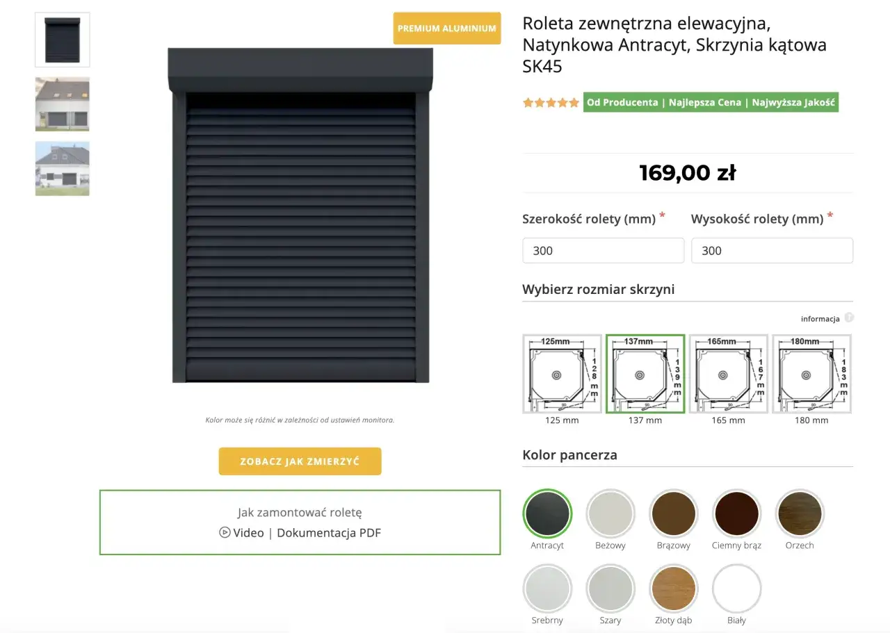 Roleta elewacyjna antracytowa, cena 169 zł. Dowiedz się, ile kosztuje przerobienie rolet na elektryczne, wybierając rozmiar i kolor.