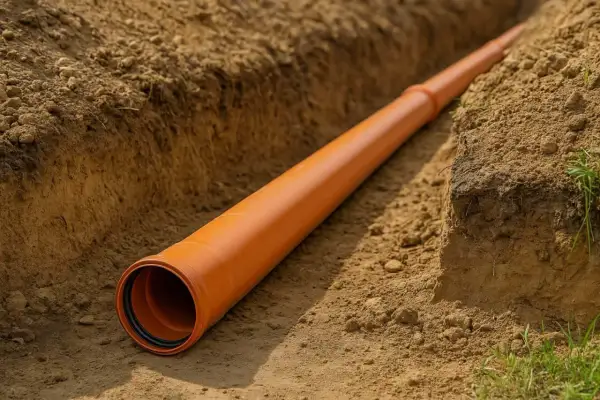 Pomarańczowa rura kanalizacyjna 160 mm ułożona w wykopie. Zapewnia minimalny spadek dla prawidłowego przepływu.