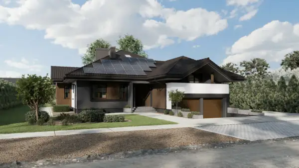 Wizualizacja domu z ciemnym dachem i grafitową elewacją, z drewnianymi elementami. Panele słoneczne na dachu.