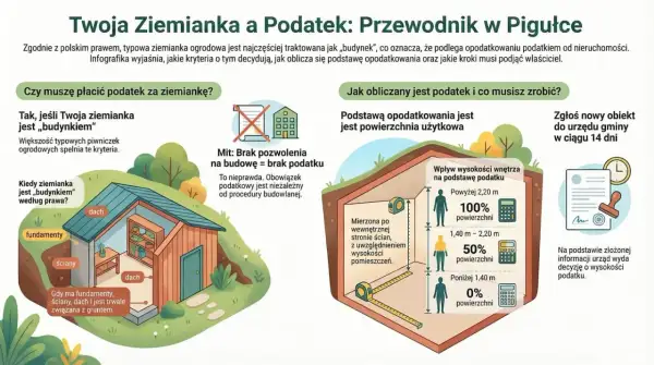 Ilustracja przedstawia przekrój ziemianki ogrodowej z elementami budowy i informacjami o podatku.