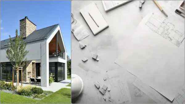 Nowoczesny dom z kamiennym kominem i plany architektoniczne.