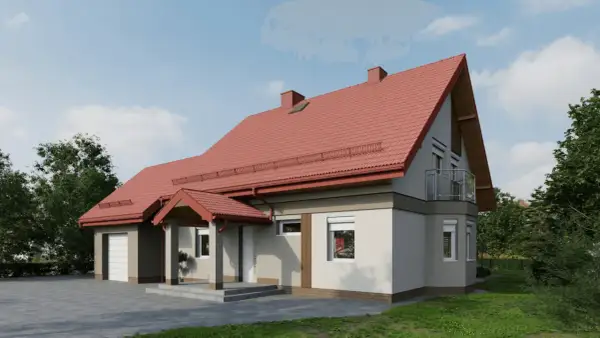 Dom z jasną elewacją i czerwonym dachem, otoczony zielenią.