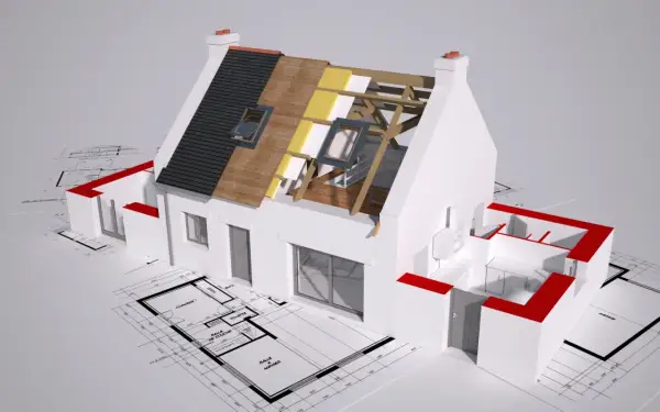 Model domu z przekrojem dachu pokazującym izolację, na tle planów architektonicznych.