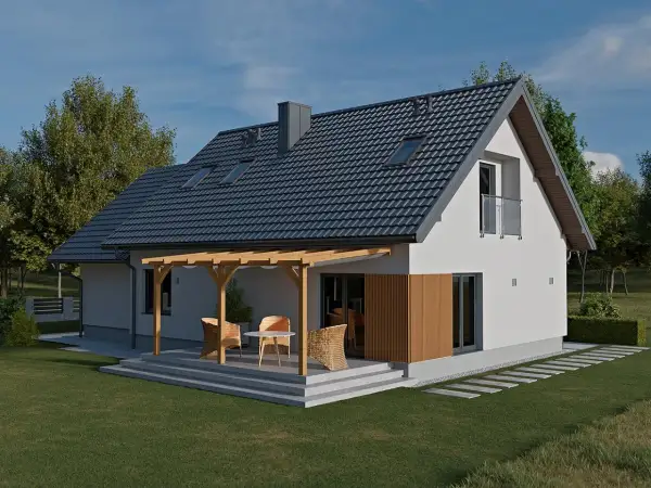 Nowoczesny dom z szarym dachem, drewnianą pergolą i tarasem. Opierzenie dachu idealnie komponuje się z całością.