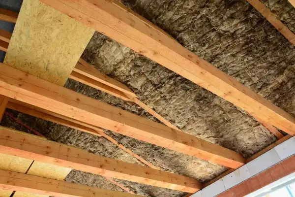Drewniana konstrukcja dachu z wełną mineralną i płytą OSB.